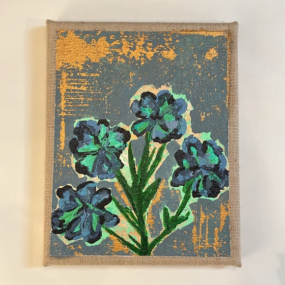 Abstract Floral Painting Blue Gold Aqua - Picture 2 of 2